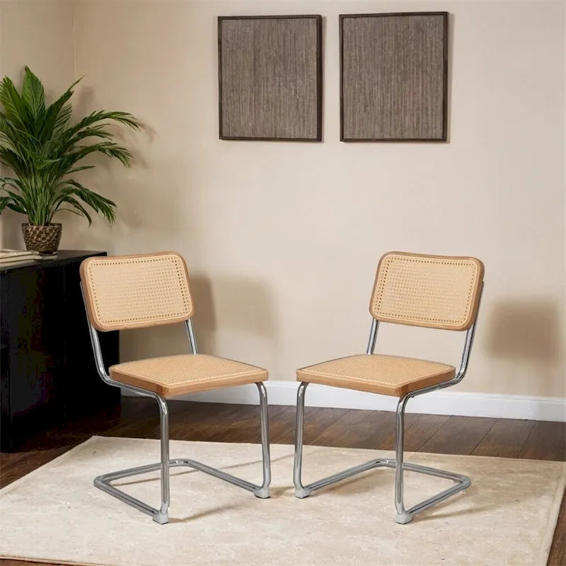 Chaises de salle à manger, chaises d'appoint en velours et rotin avec pieds chromés, lot de 2