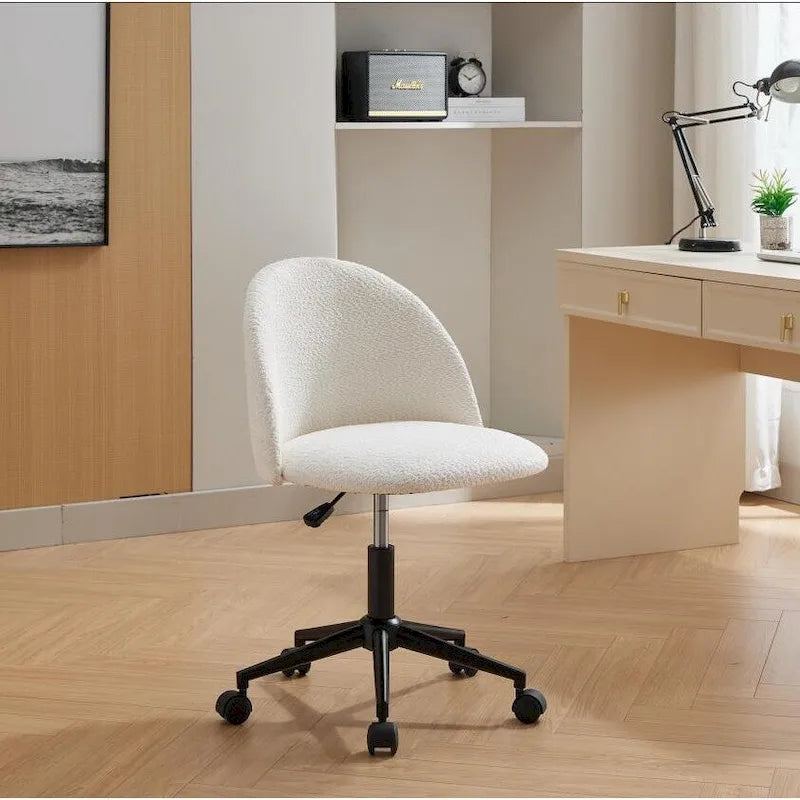 Chaise de bureau en bouclette, chaise pivotante réglable à dossier mi-hauteur avec pieds noirs, chaise de bureau rembourrée à roulettes