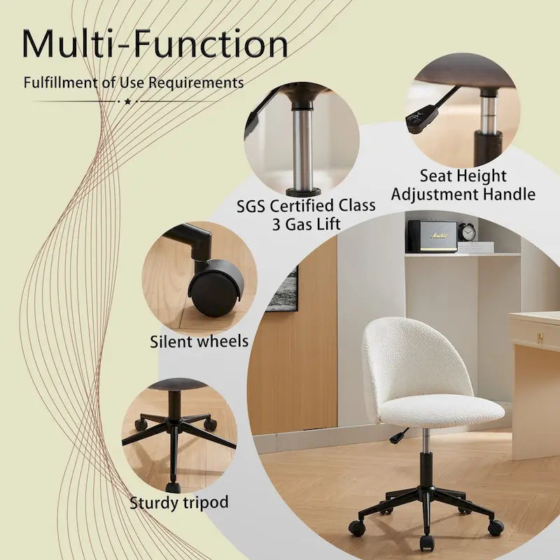 Chaise de bureau en bouclette, chaise pivotante réglable à dossier mi-hauteur avec pieds noirs, chaise de bureau rembourrée à roulettes