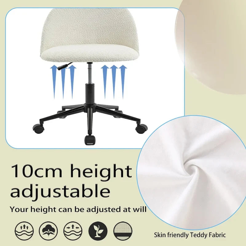 Chaise de bureau en bouclette, chaise pivotante réglable à dossier mi-hauteur avec pieds noirs, chaise de bureau rembourrée à roulettes