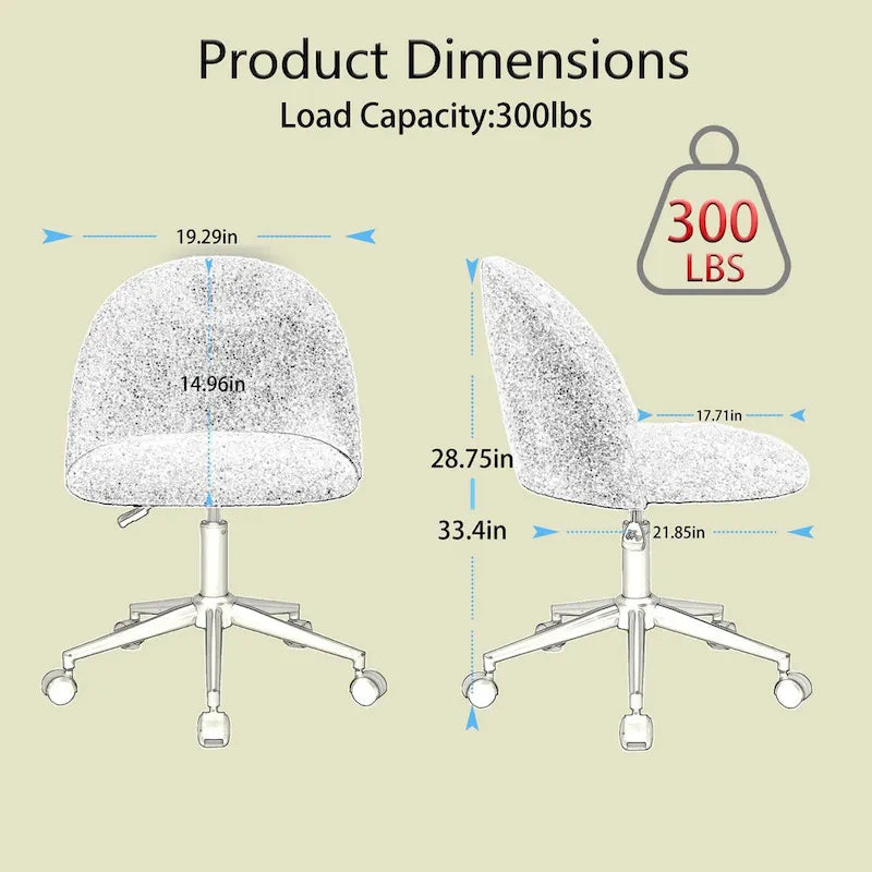 Chaise de bureau en bouclette, chaise pivotante réglable à dossier mi-hauteur avec pieds noirs, chaise de bureau rembourrée à roulettes