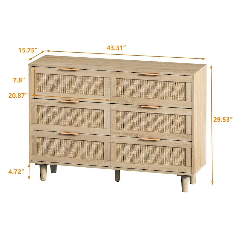 Meuble de rangement en rotin 6 tiroirs Roomfitters 43.31 pouces, naturel, pour chambre et salon