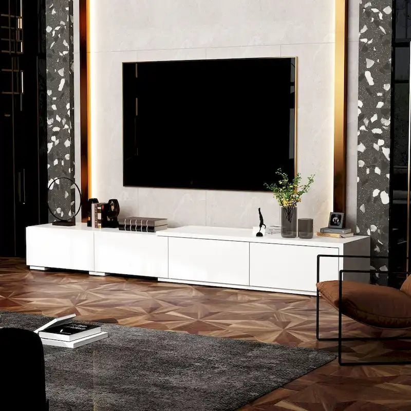 Console TV contemporaine - Armoire de rangement, meuble multimédia blanc