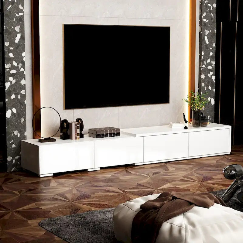 Console TV contemporaine - Armoire de rangement, meuble multimédia blanc