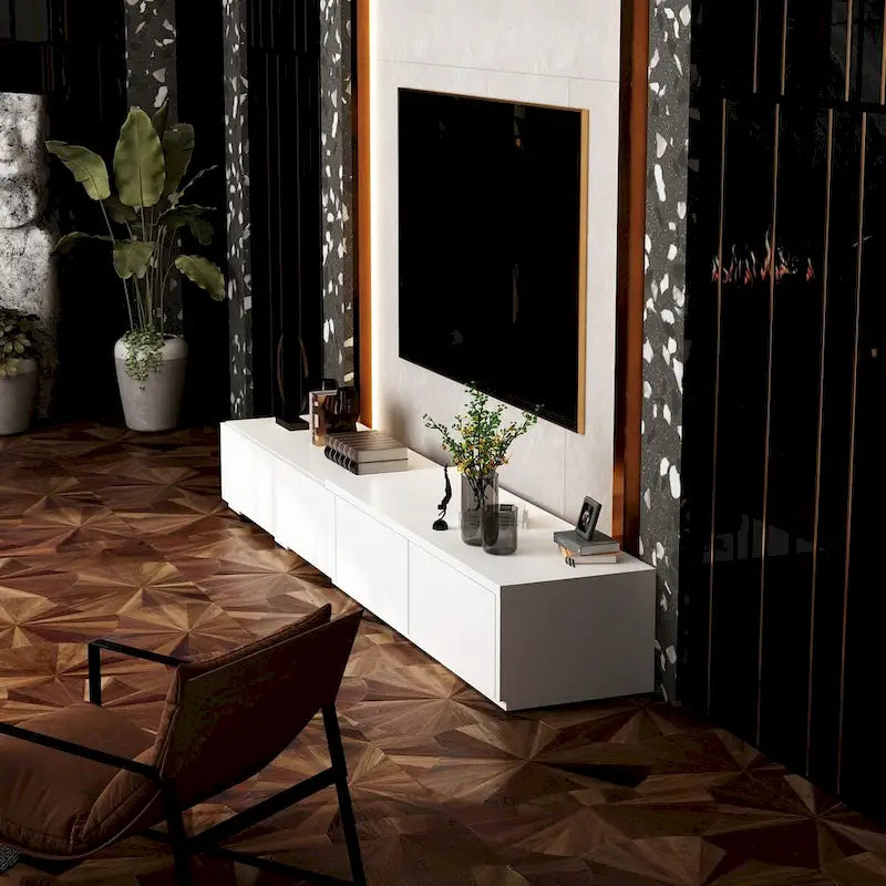 Console TV contemporaine - Armoire de rangement, meuble multimédia blanc