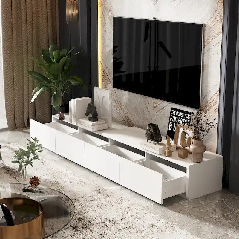 Console TV contemporaine - Armoire de rangement, meuble multimédia blanc