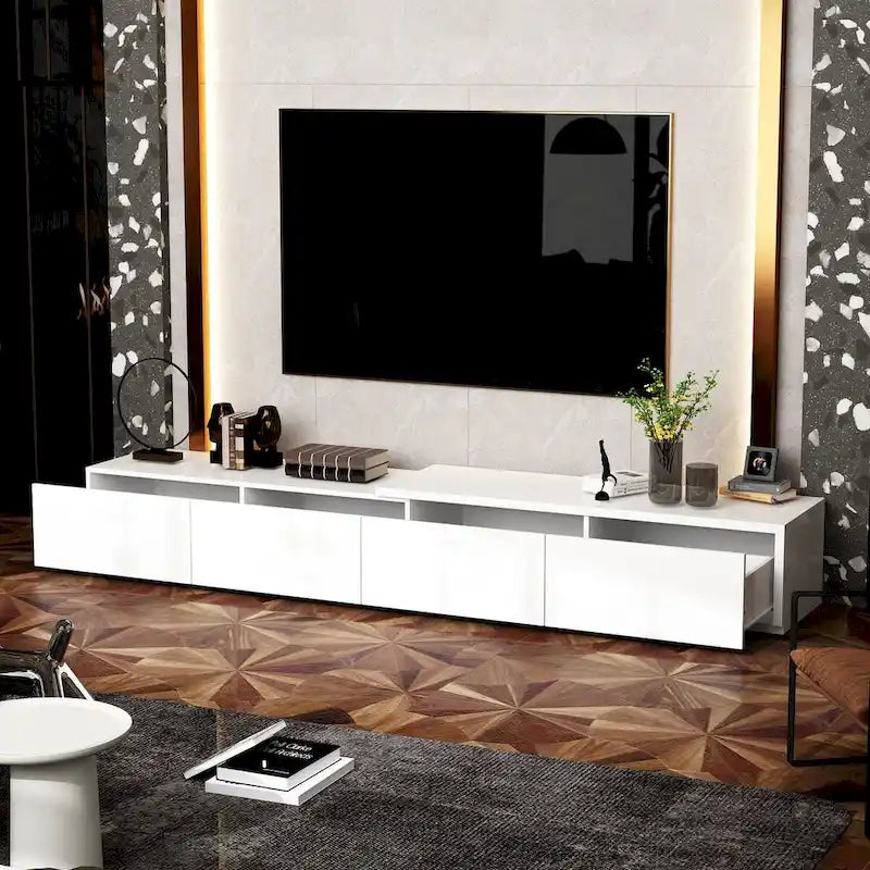 Console TV contemporaine - Armoire de rangement, meuble multimédia blanc