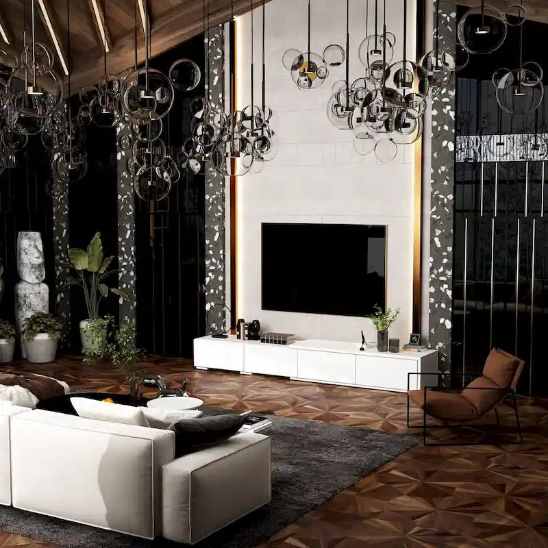 Console TV contemporaine - Armoire de rangement, meuble multimédia blanc