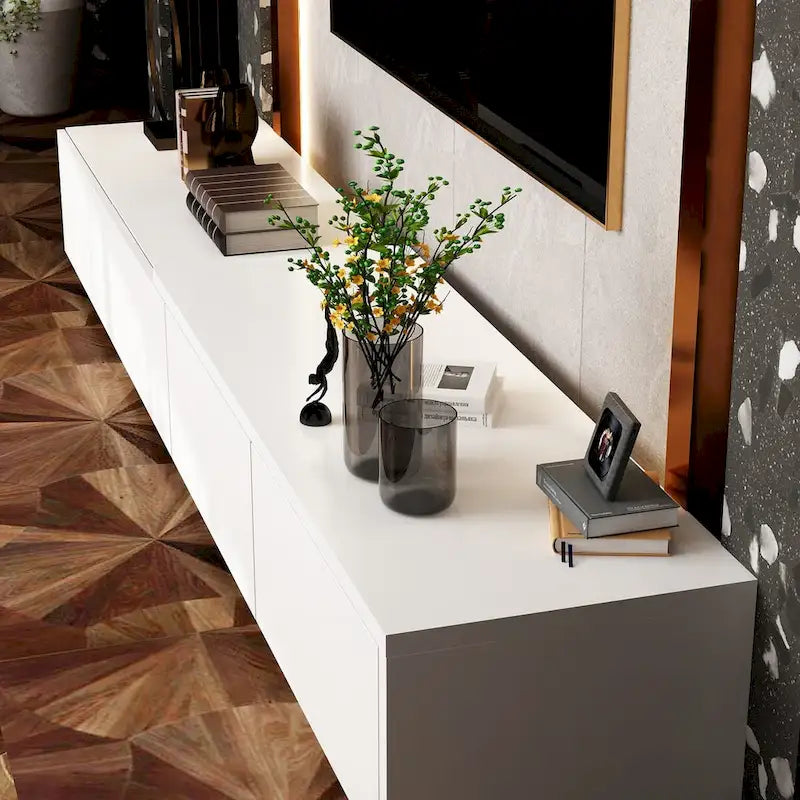 Console TV contemporaine - Armoire de rangement, meuble multimédia blanc