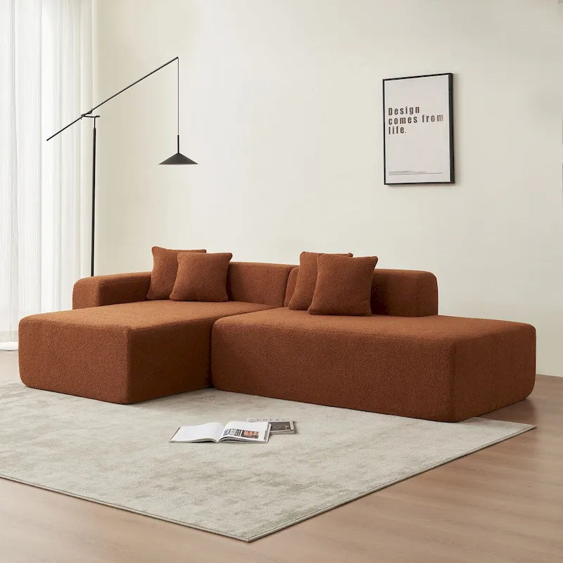 Canapé d'angle en L 5 places, tissu sherpa, confort optimal, orange