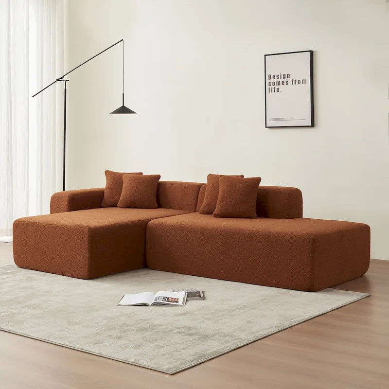 Canapé d'angle en L 5 places, tissu sherpa, confort optimal, orange
