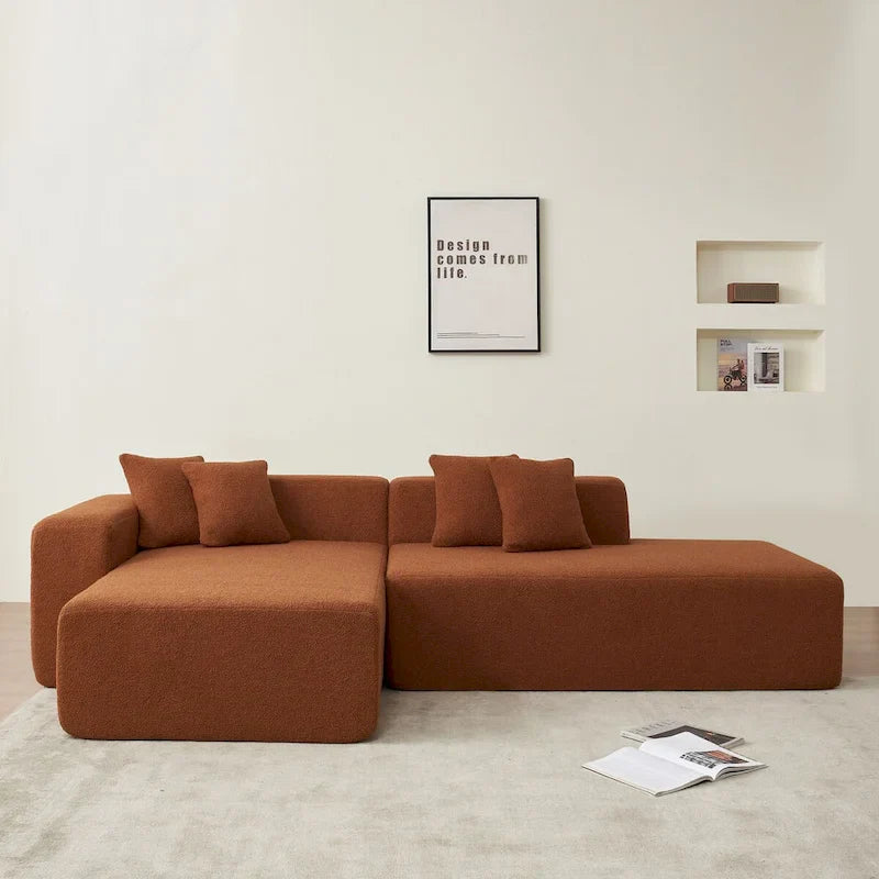 Canapé d'angle en L 5 places, tissu sherpa, confort optimal, orange