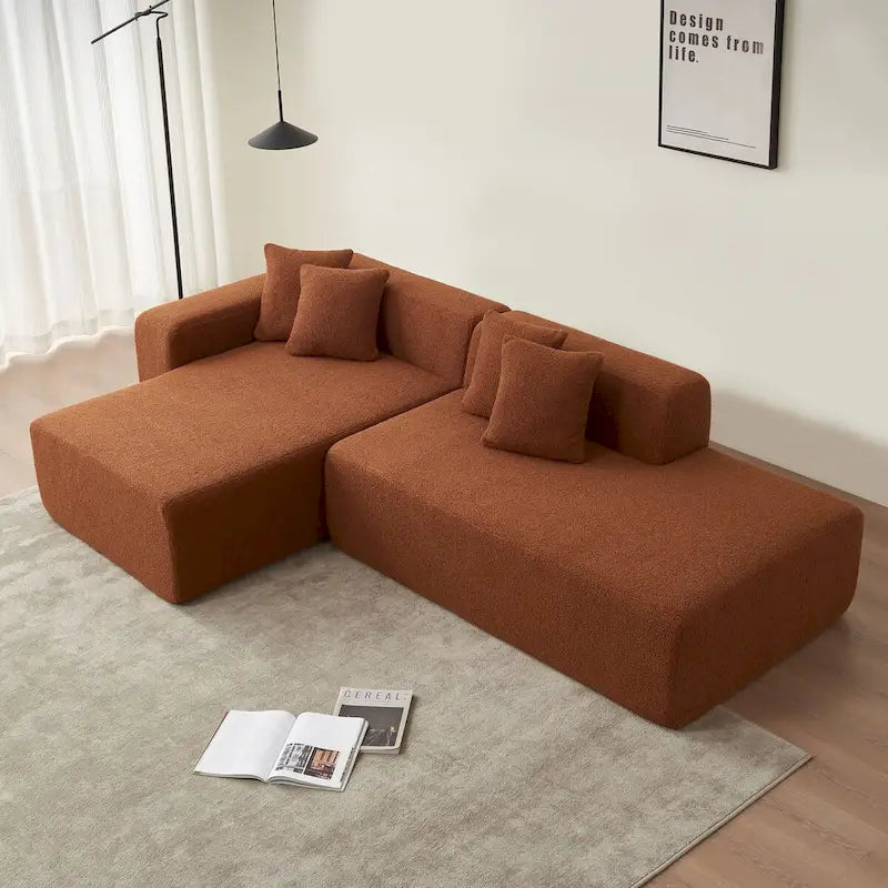 Canapé d'angle en L 5 places, tissu sherpa, confort optimal, orange