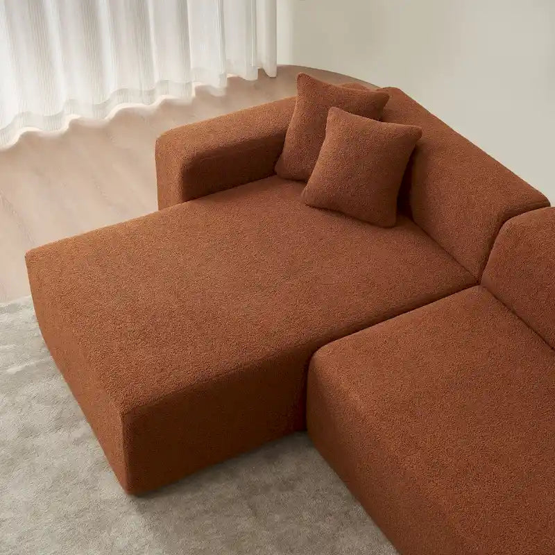 Canapé d'angle en L 5 places, tissu sherpa, confort optimal, orange