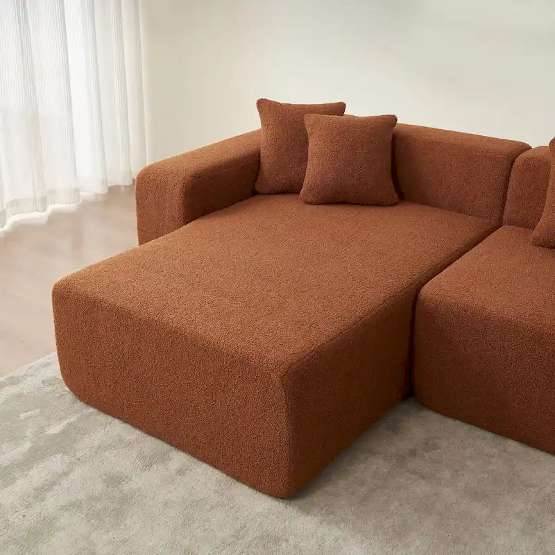 Canapé d'angle en L 5 places, tissu sherpa, confort optimal, orange