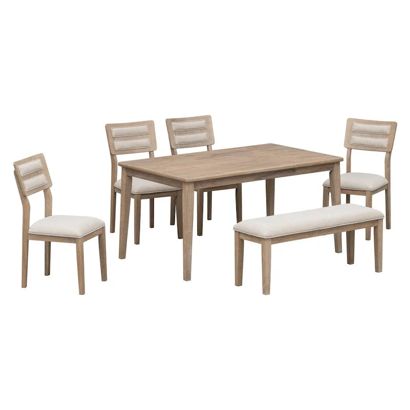 Ensemble de salle à manger 6 pièces en bois massif « Natural Wood Wash » avec banc