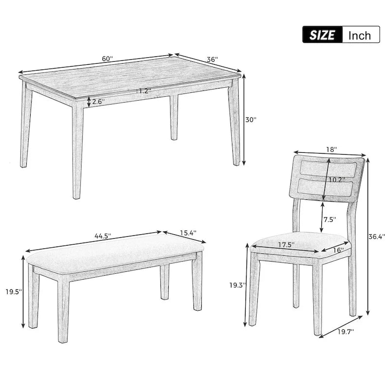 Ensemble de salle à manger 6 pièces en bois massif « Natural Wood Wash » avec banc