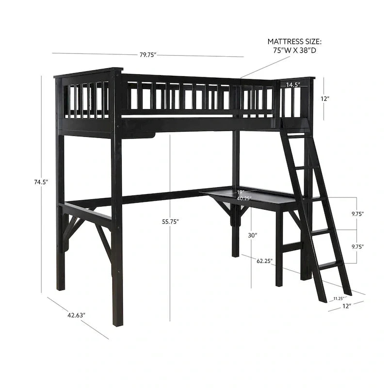 Lit mezzanine double d'étude en bois Levi