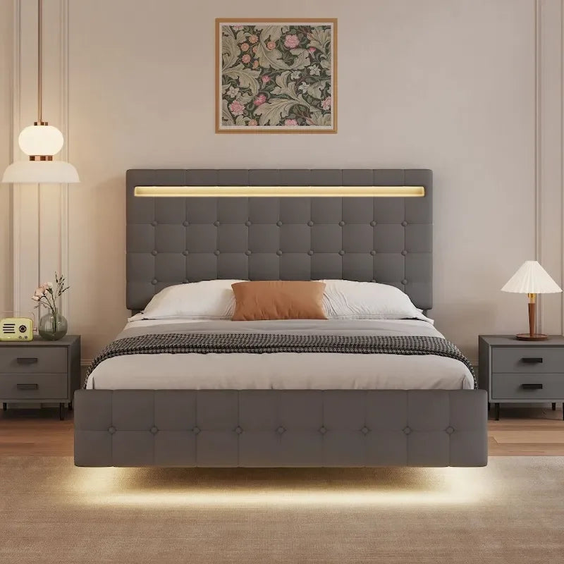 Cadre de lit flottant Queen Size avec lumières LED, tête et pied de lit rembourrés, plateforme de lit