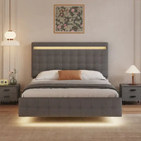Cadre de lit flottant Queen Size avec lumières LED, tête et pied de lit rembourrés, plateforme de lit