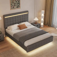 Cadre de lit flottant Queen Size avec lumières LED, tête et pied de lit rembourrés, plateforme de lit