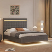 Cadre de lit flottant Queen Size avec lumières LED, tête et pied de lit rembourrés, plateforme de lit