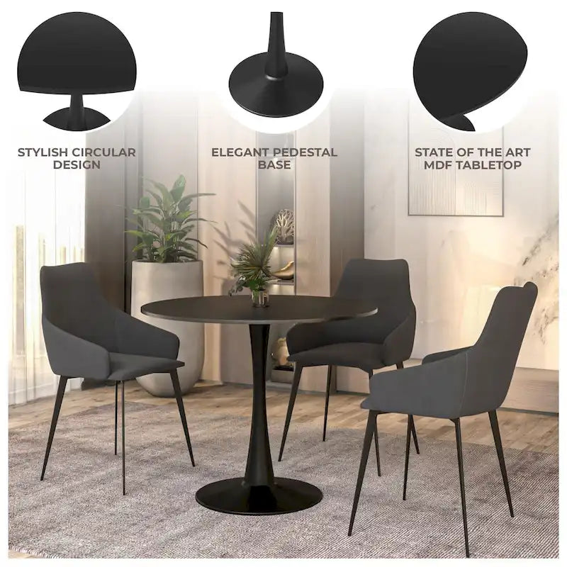 Table à manger ronde LeisureMod Bristol 40 pouces pour 4 avec plateau en bois MDF et base en acier noir pour cuisine et salle à manger
