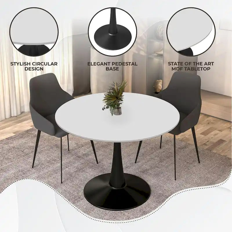 Table à manger ronde LeisureMod Bristol 40 pouces pour 4 avec plateau en bois MDF et base en acier noir pour cuisine et salle à manger