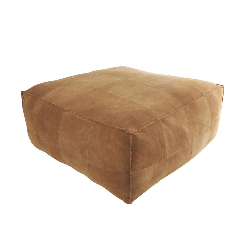 Pouf carré bas en cuir avec motifs patchwork - Marron, Gris ou Marron foncé - Roche River Decor
