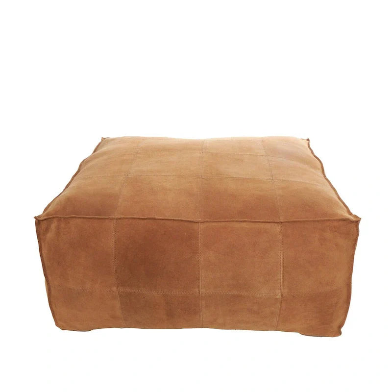 Pouf carré bas en cuir avec motifs patchwork - Marron, Gris ou Marron foncé - Roche River Decor