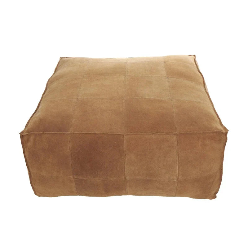 Pouf carré bas en cuir avec motifs patchwork - Marron, Gris ou Marron foncé - Roche River Decor