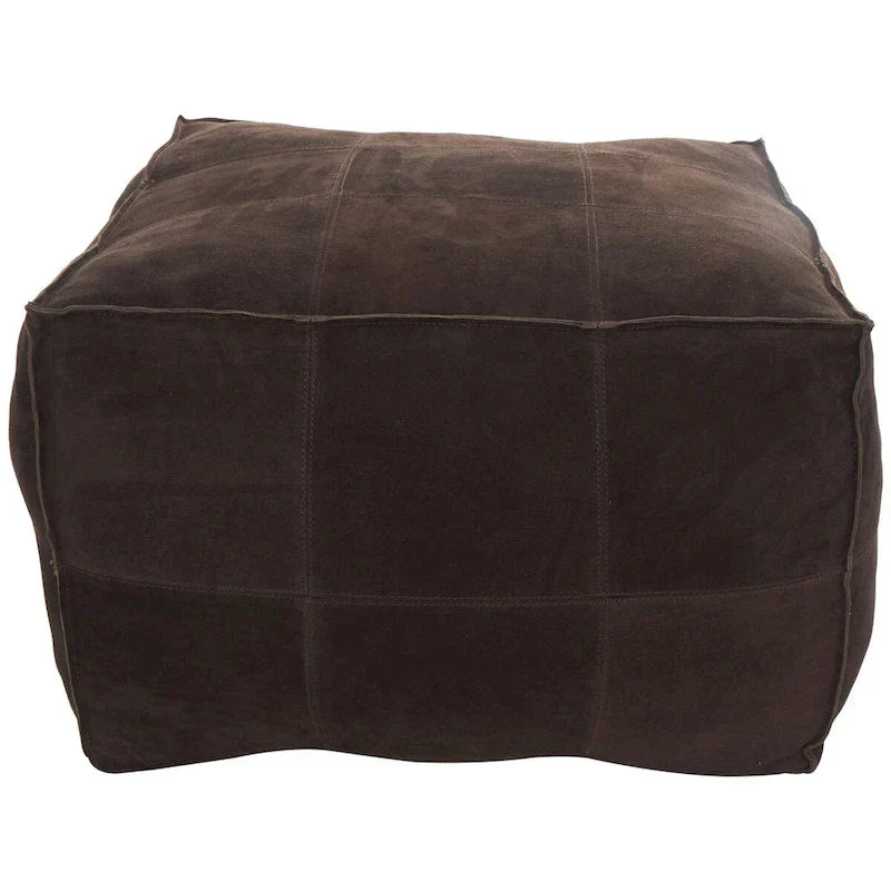 Pouf carré bas en cuir avec motifs patchwork - Marron, Gris ou Marron foncé - Roche River Decor