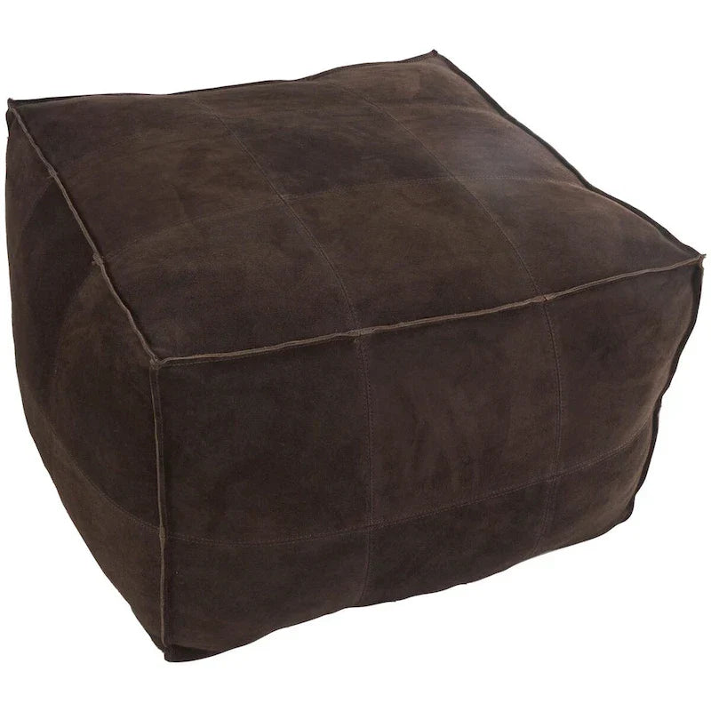 Pouf carré bas en cuir avec motifs patchwork - Marron, Gris ou Marron foncé - Roche River Decor