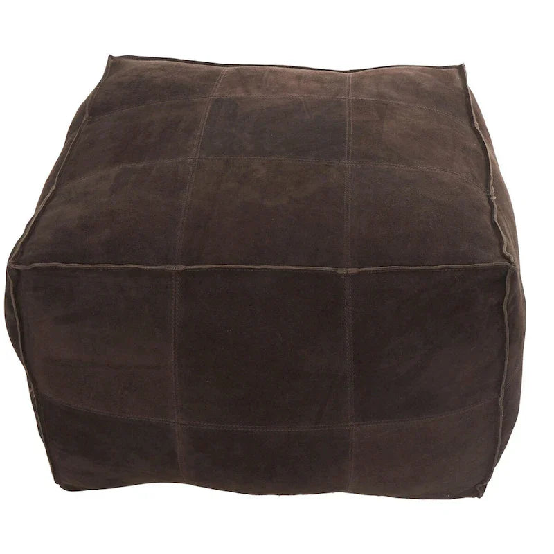 Pouf carré bas en cuir avec motifs patchwork - Marron, Gris ou Marron foncé - Roche River Decor