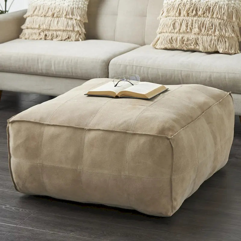 Pouf carré bas en cuir avec motifs patchwork - Marron, Gris ou Marron foncé - Roche River Decor