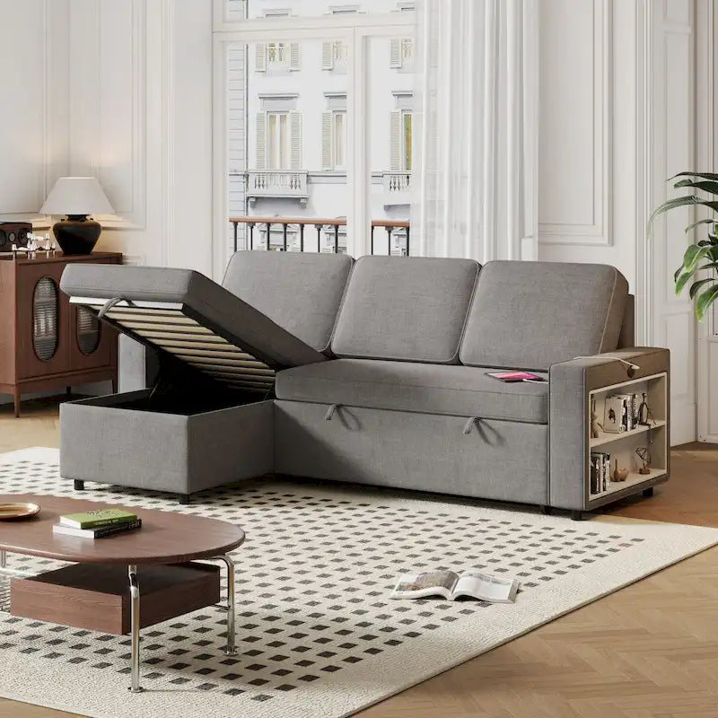 Canapé-Lit Escamotable Oaks Aura 85.8 pouces, Canapé Forme L avec Port USB, Canapé Convertible avec Étagères de Rangement