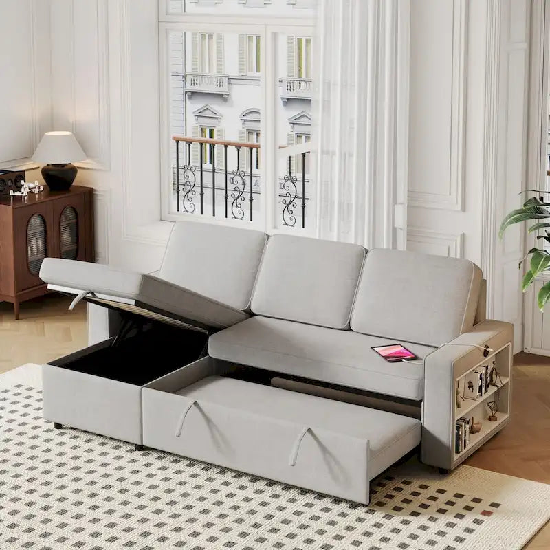 Canapé-Lit Escamotable Oaks Aura 85.8 pouces, Canapé Forme L avec Port USB, Canapé Convertible avec Étagères de Rangement