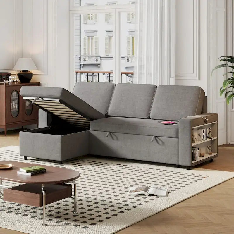 Canapé-Lit Escamotable Oaks Aura 85.8 pouces, Canapé Forme L avec Port USB, Canapé Convertible avec Étagères de Rangement