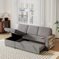 Canapé-Lit Escamotable Oaks Aura 85.8 pouces, Canapé Forme L avec Port USB, Canapé Convertible avec Étagères de Rangement