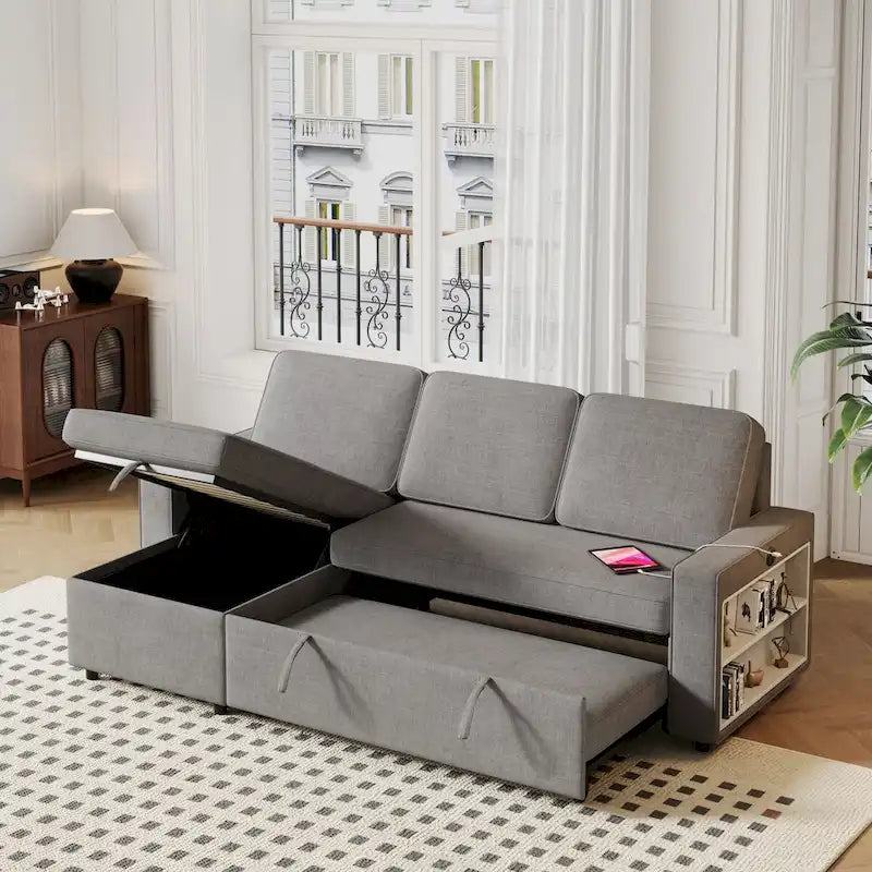 Canapé-Lit Escamotable Oaks Aura 85.8 pouces, Canapé Forme L avec Port USB, Canapé Convertible avec Étagères de Rangement