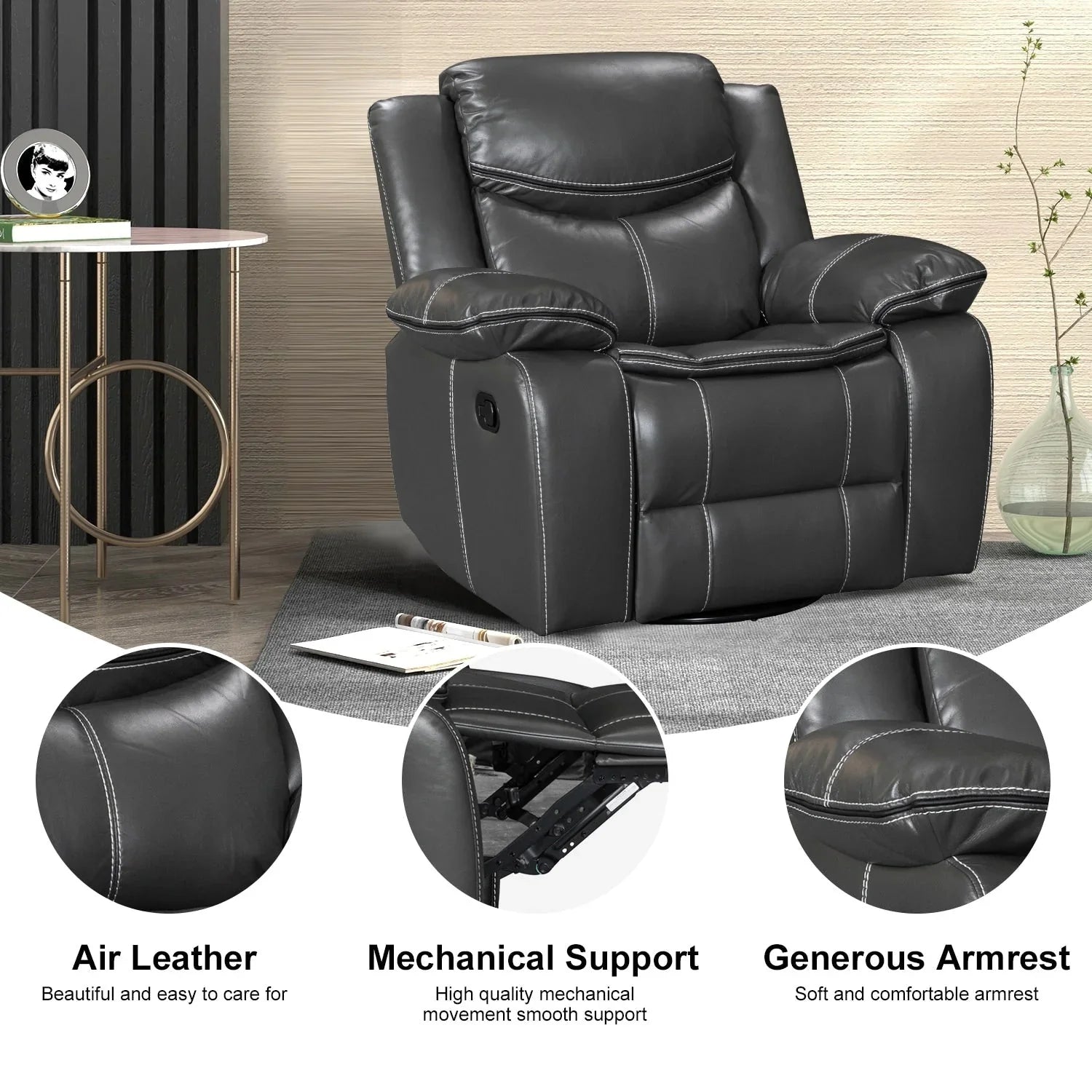 Fauteuil inclinable de massage et chaleur en cuir durable à assise large