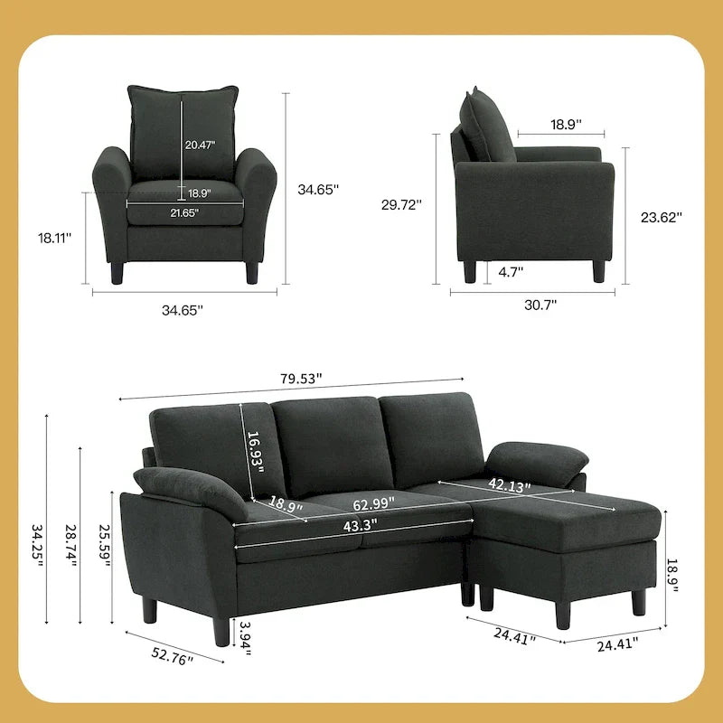 Canapé d'angle 3 places avec fauteuil et pouf pour salon