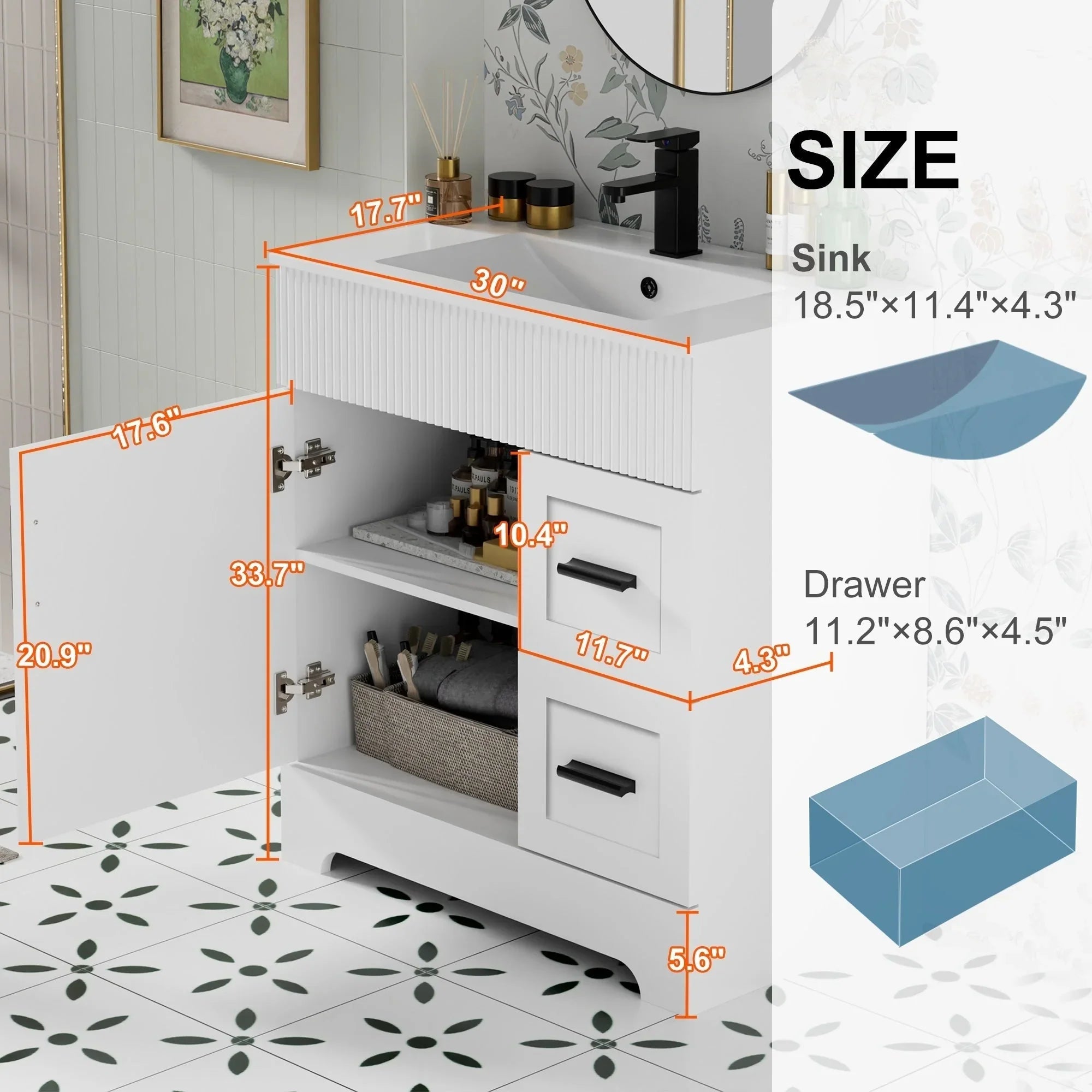Wavy Line Ensemble meuble-lavabo de salle de bain 30/36/48 avec vasque & robinet