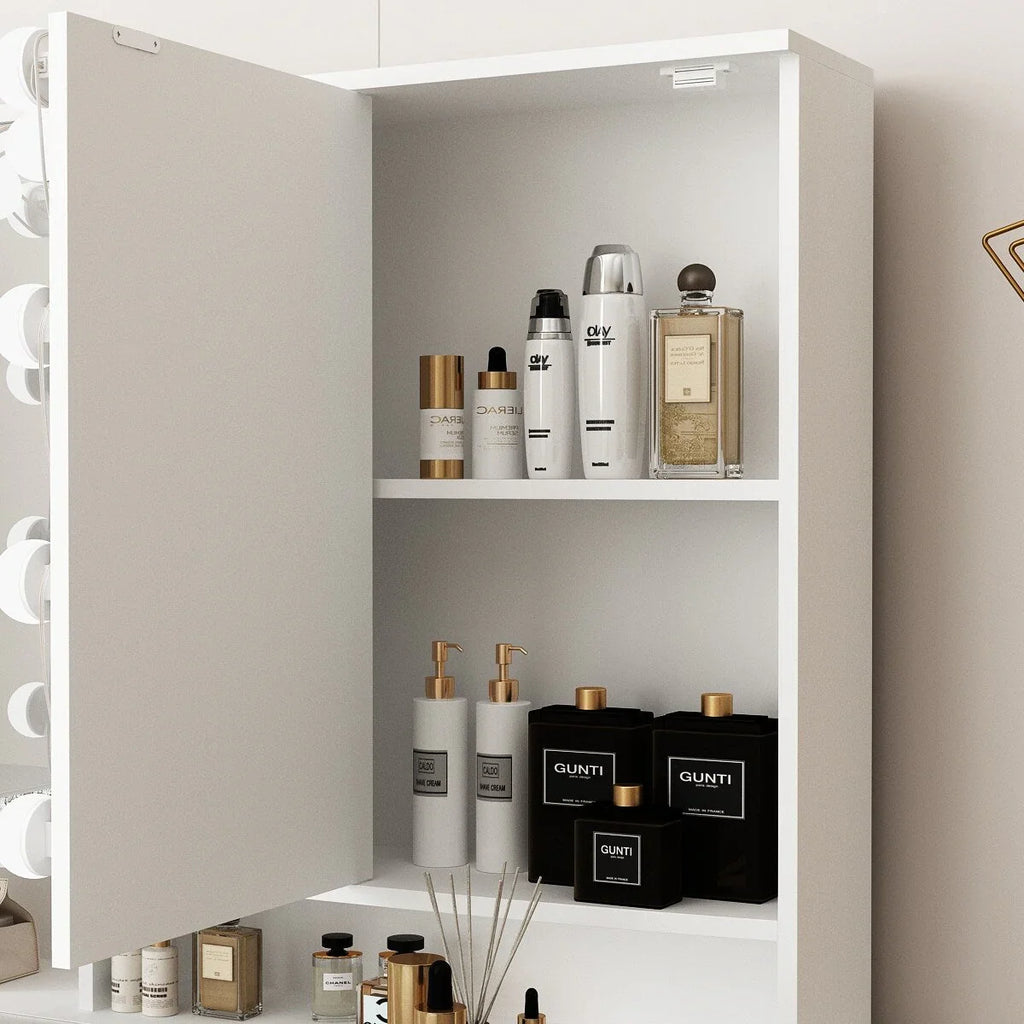 Coiffeuse de maquillage avec miroir triptyque, certifiée, éclairage, dessus en verre, commode