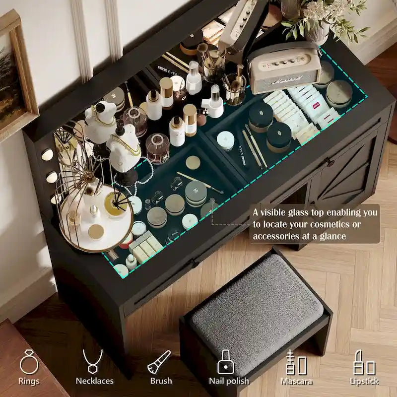 Roomfitters Coiffeuse de maquillage fermette avec éclairage, bureau coiffeuse avec porte de grange, table de maquillage 2 tiroirs avec miroir éclairé