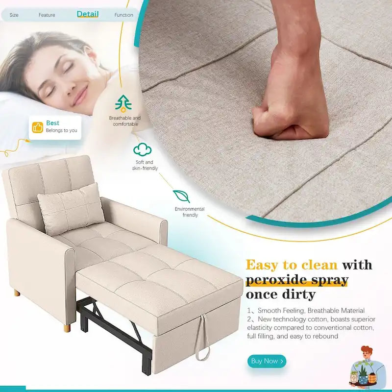 AECOJOY - Fauteuil convertible 3 en 1 avec coussin et dossier inclinable