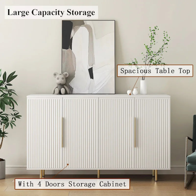 Meuble buffet à portes décoratives cannelées, buffet en bois avec poignées métalliques, armoire de rangement avec étagères réglables