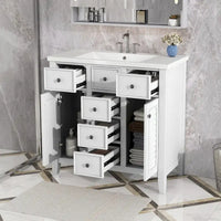 Meuble-lavabo avec vasque en céramique, deux placards et cinq tiroirs