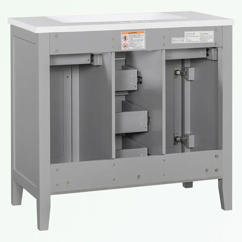 Meuble-lavabo avec vasque en céramique, deux placards et cinq tiroirs