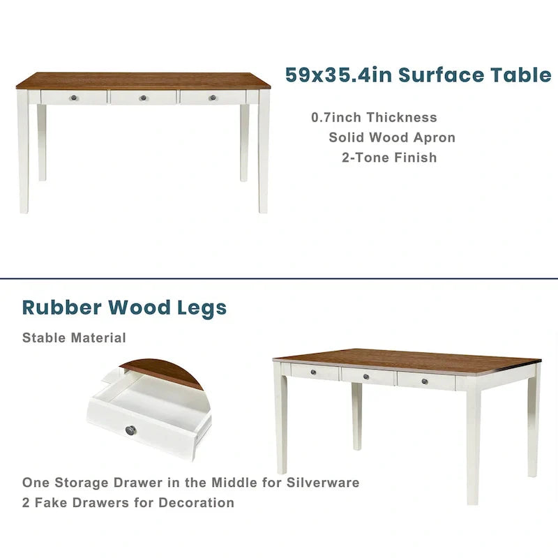 Ensemble de salle à manger 6 pièces en bois avec 4 chaises et un banc, table avec tiroir
